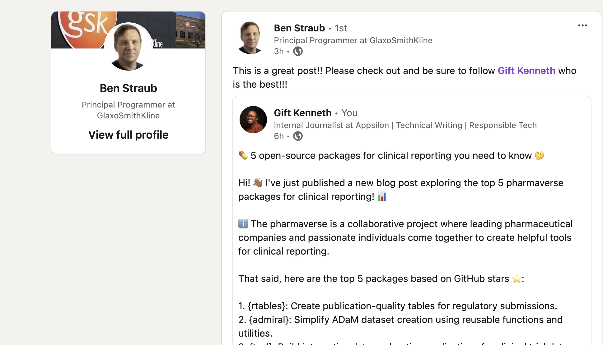 Ben Straub, Principal Programmer at GlaxoSmithKline, recommending Gigi’s work on LinkedIn