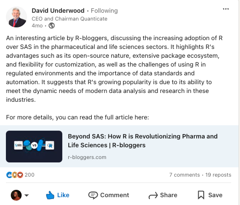 David Underwood, CEO of Quanticate, sharing Gigi’s “Beyond SAS” article on LinkedIn (200 reactions, 19 reposts)