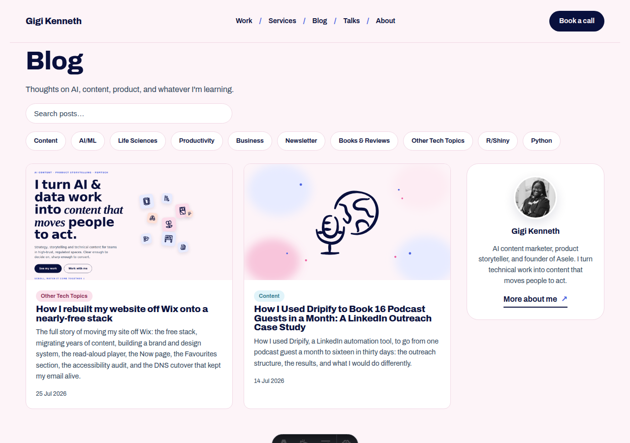 The blog index, migrated and paginated, with category filters and a search box.