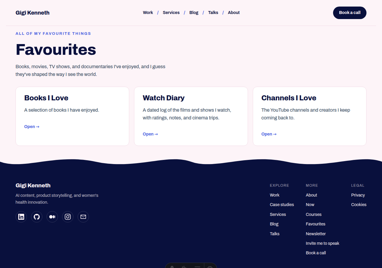 The Favourites index, showing three sections: Books I Love, Watch Diary, and Channels I Love.