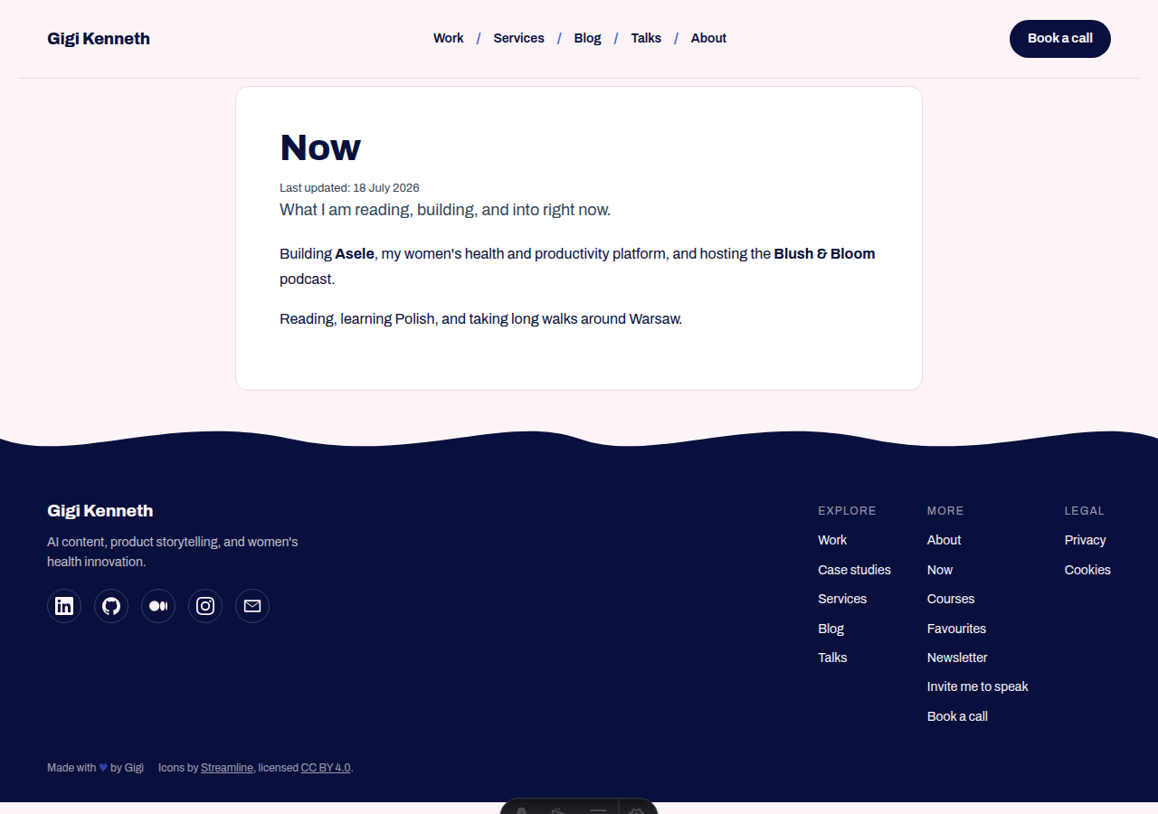 The Now page, with last-updated date and a two-paragraph summary of current projects and interests.