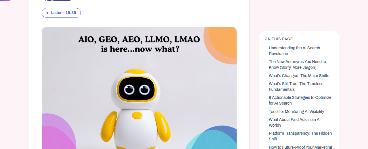 A blog post showing the "Listen · 15:35" pill button just below the byline, with the table of contents visible in the sidebar.