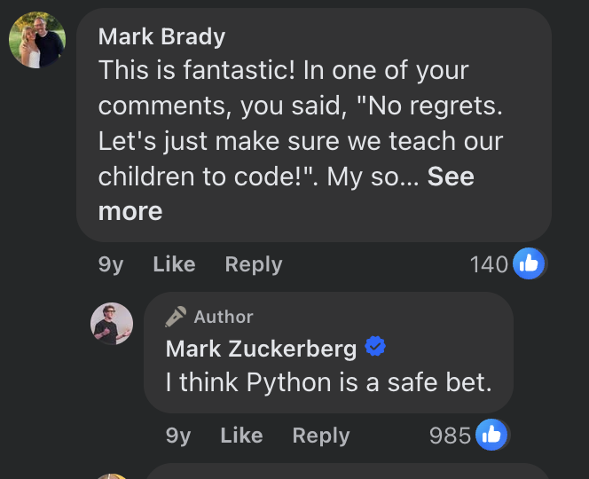Facebook comment: Mark Zuckerberg replying "I think Python is a safe bet."
